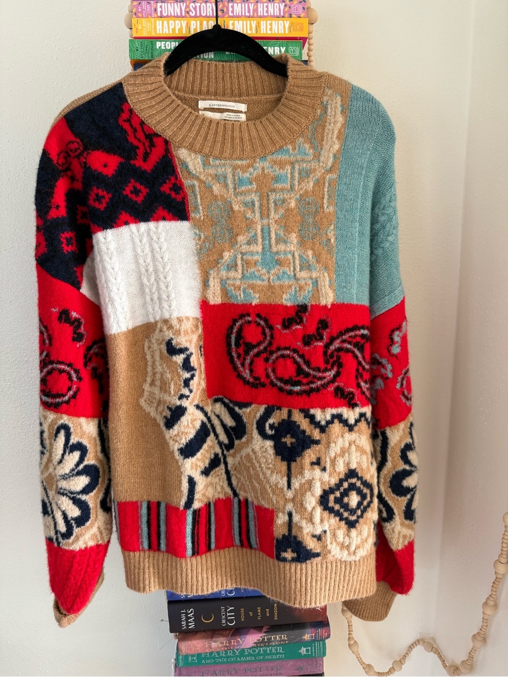 Anthropologie Patchwork Crewneck Sweater in Red, Tan & Teal